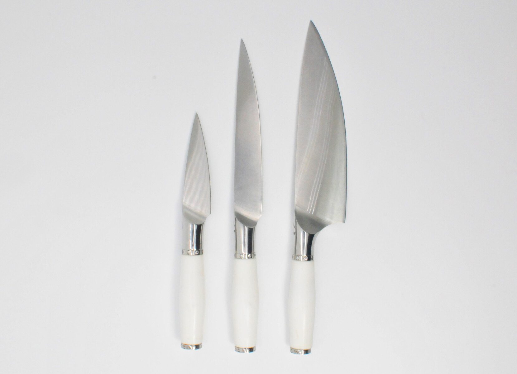 3 Knife Set with a Calcutta White Marble Handle, White Cubic Zirconia Stone  at the Back of the Knife and a White Cubic Zirconia 8 Gemstones Stainless
