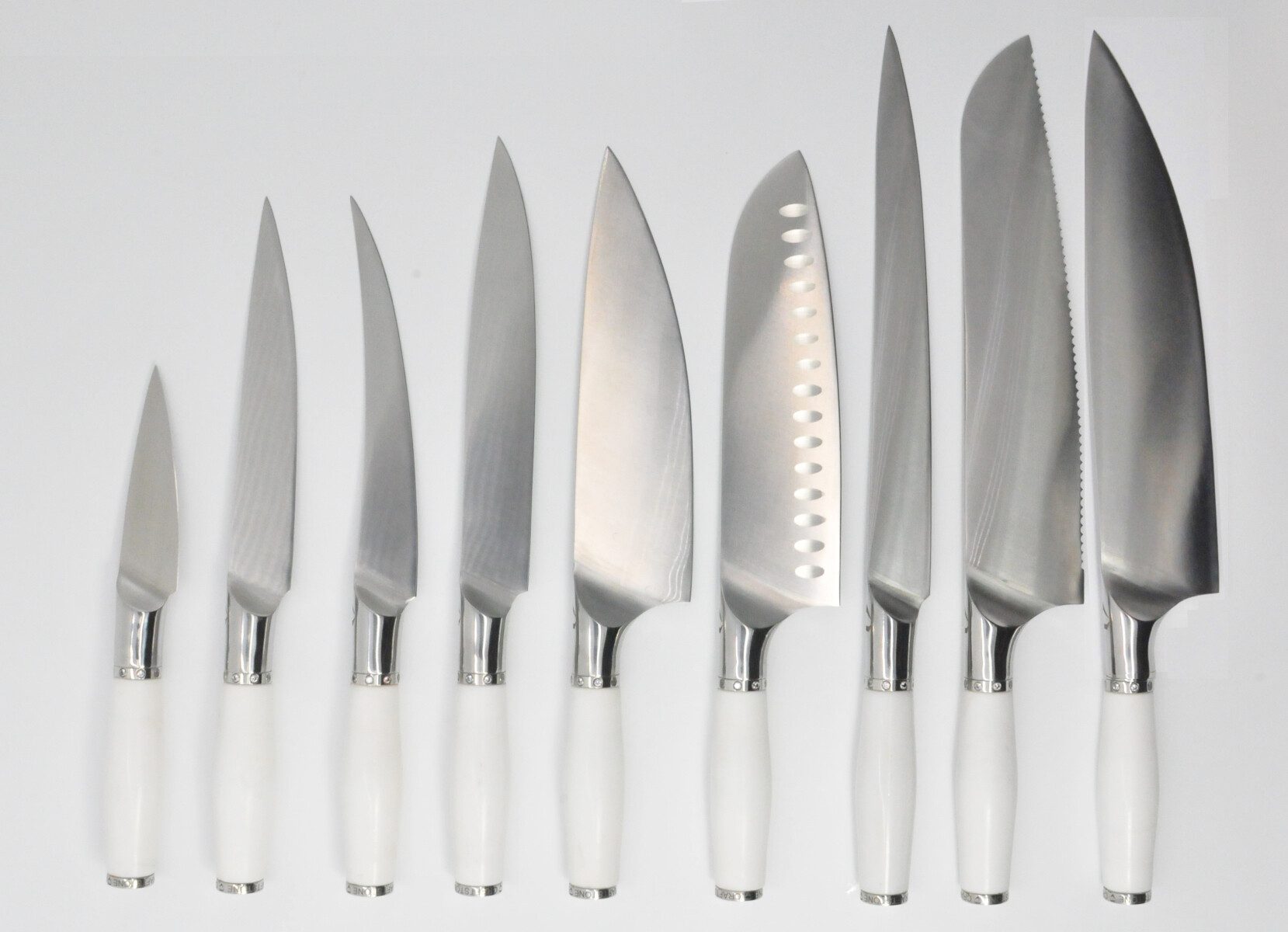 9 Knife Set with a Calcutta White Marble Handle, White Cubic Zirconia Stone  at the Back of the Knife and a White Cubic Zirconia 8 Gemstones Stainless